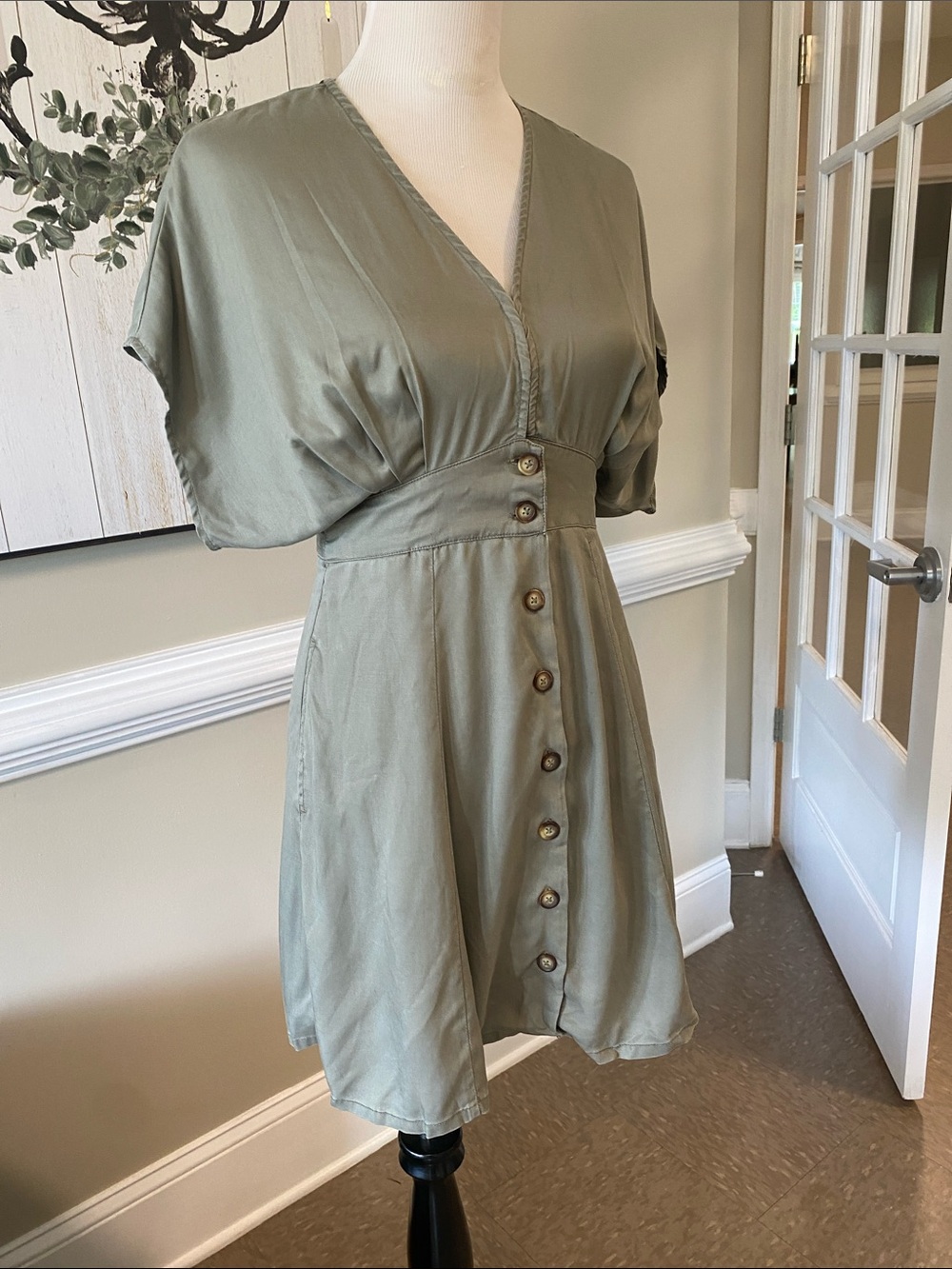 Quince Sage Green V-Neck Button-Front Mini Dress
